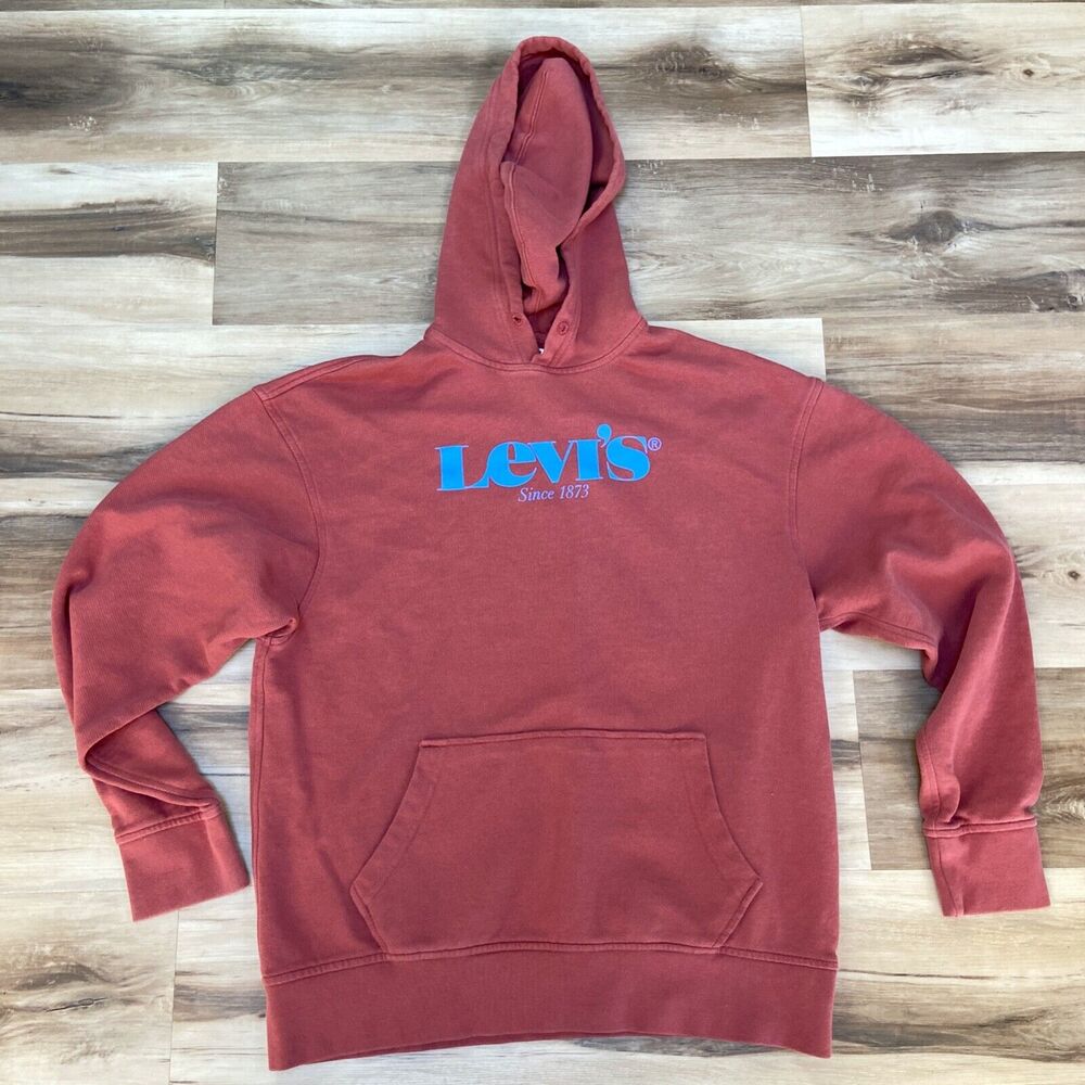 Levi's Hoodie Mens Medium Sweatshirt Red Relaxed Cotton Pullover Logo Spellout